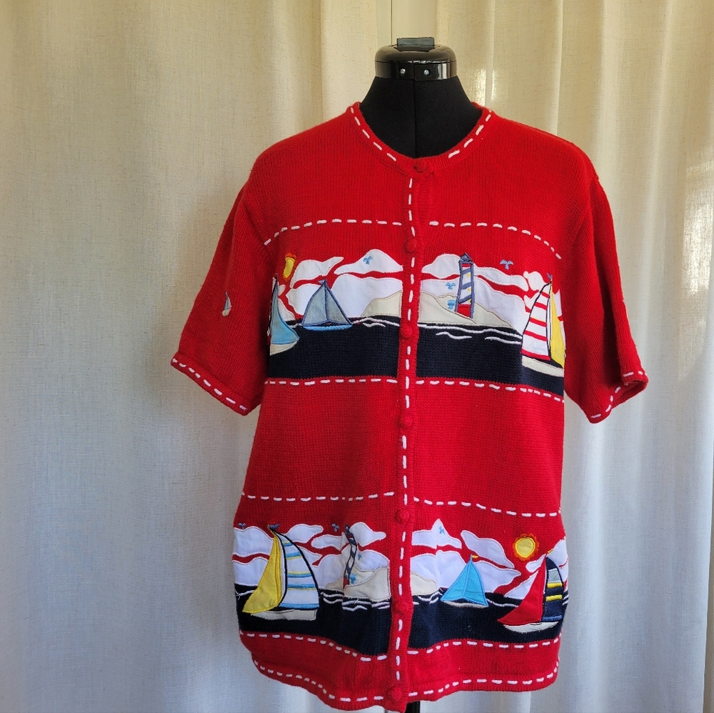Redesigned Vintage Short Sleeve Sailboat Sweater Large With One Size Hat - Picture 13 of 13